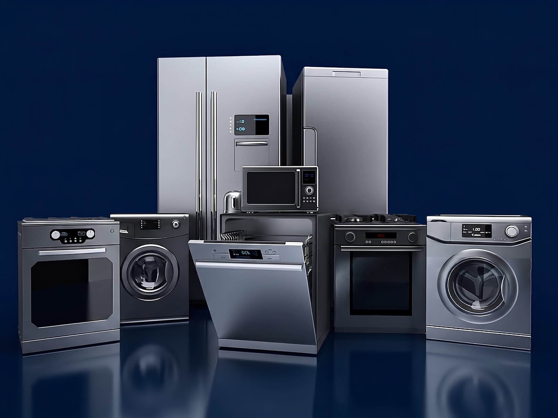Row of modern home appliances — fridge, washer, oven, dishwasher