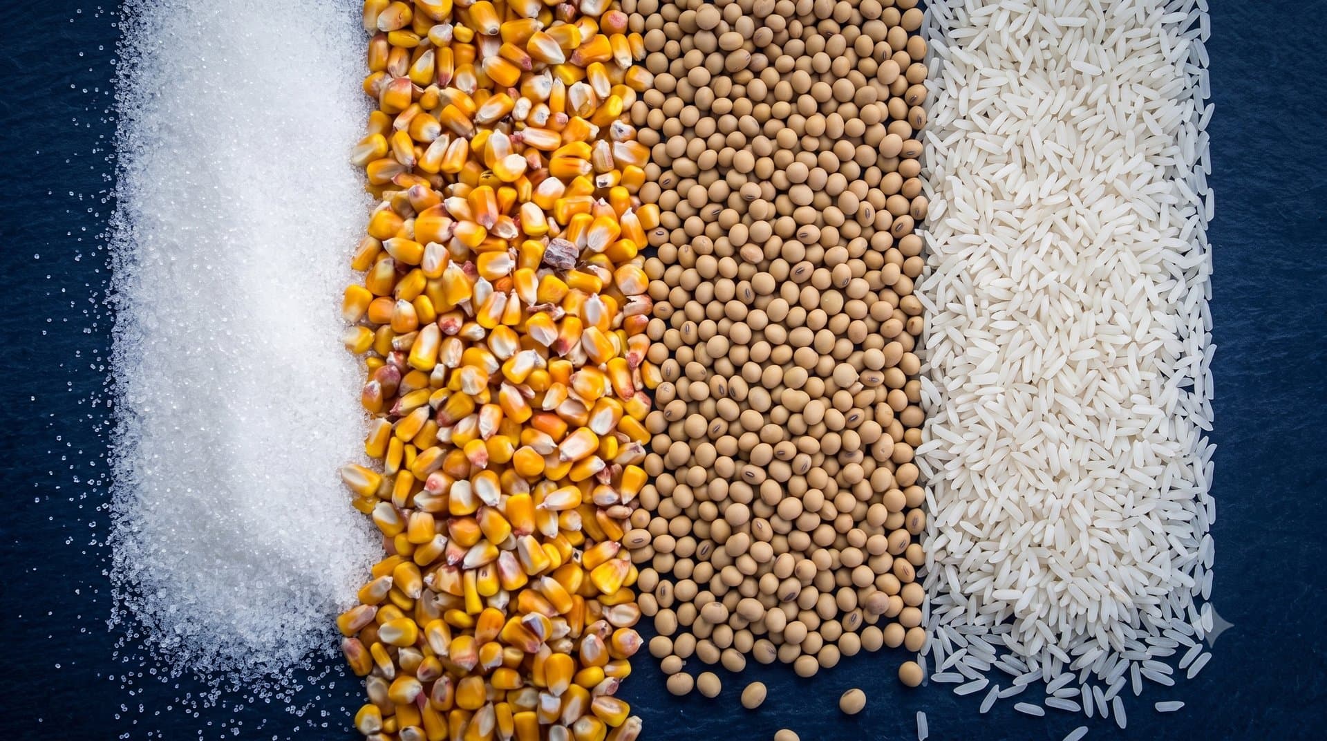 Rows of sugar, corn, soybeans and rice laid out side by side