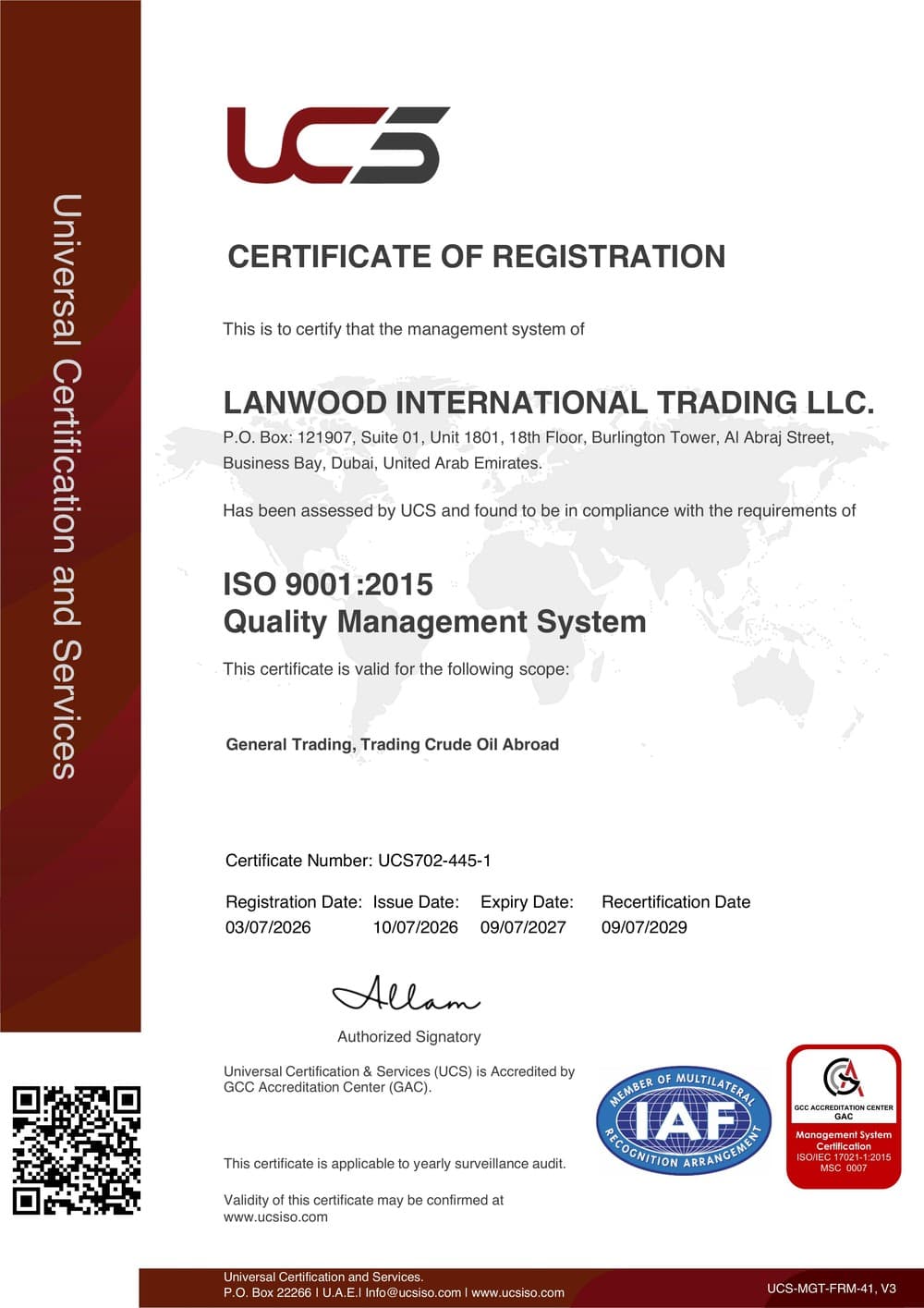 ISO 9001:2015 Certificate of Registration, issued to Lanwood International Trading LLC by Universal Certification and Services