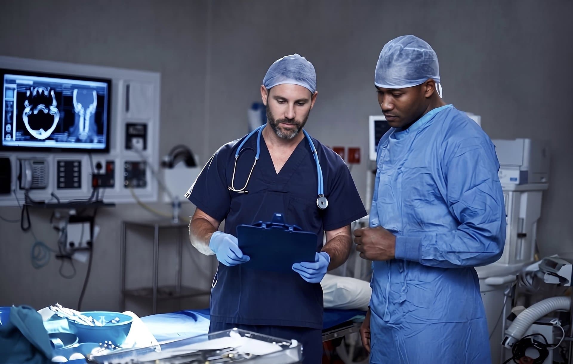 Two surgeons reviewing patient scans in an operating room