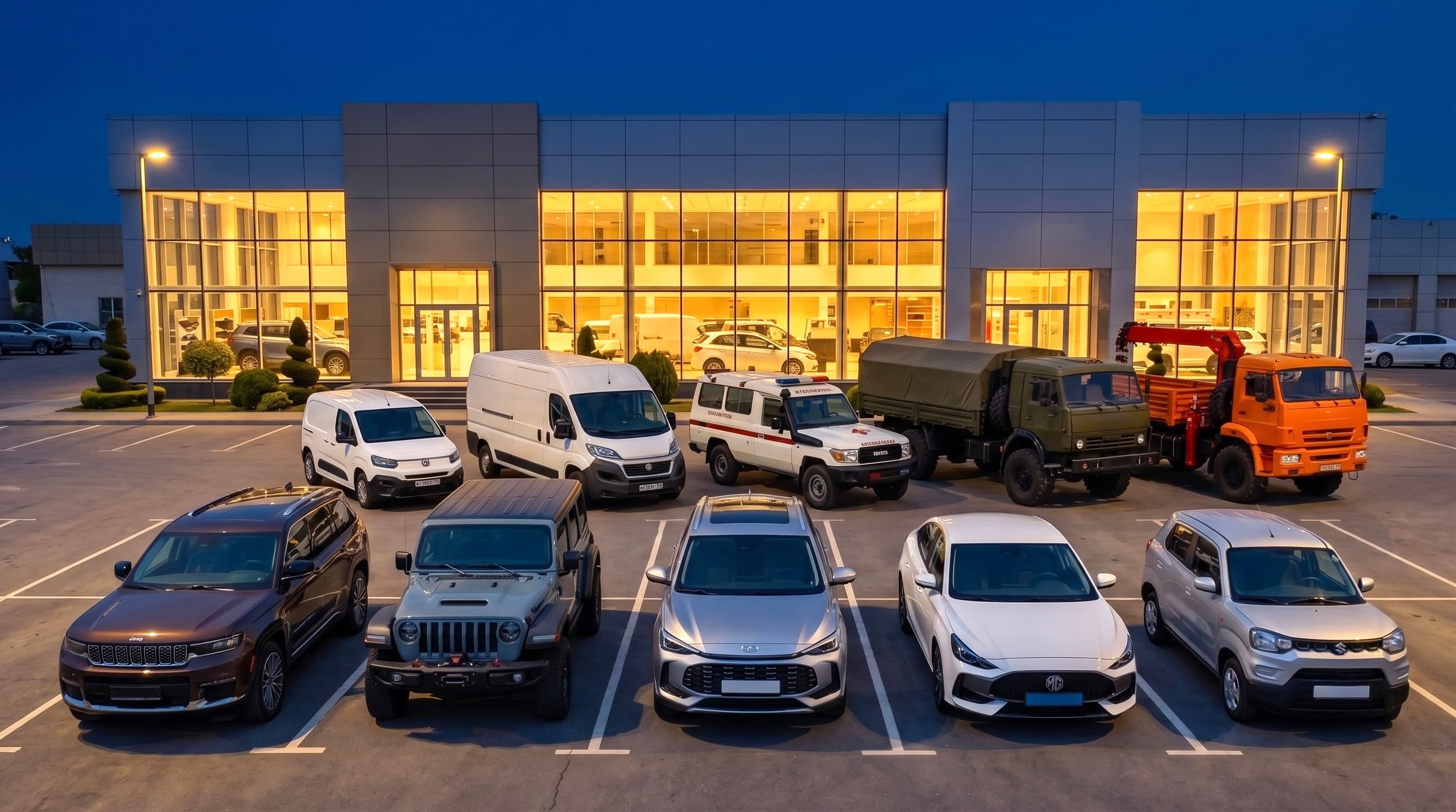 Fleet of vans, 4x4s, trucks and passenger vehicles parked at dusk outside a dealership